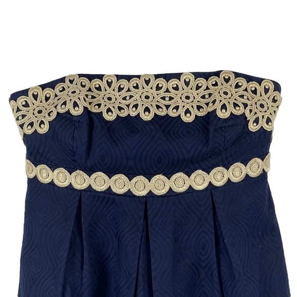 LILLY PULITZER BETSEY JACQUARD FLORAL LACE NAVY GOLD STRAPLESS MINI DRESS - Picture 6 of 16